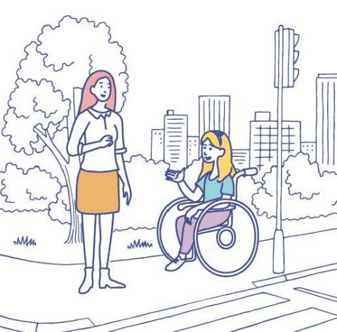 Girl in a wheelchair and woman walking cross the street
